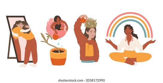 Cartoon self care for concept design. Creative design. Mental health, psychology vector concept. Mental health. Poster design. Flat vector. Isolated vector design. Health care concept.