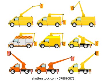 Cartoon self drive platforms (cherry pickers) on the white background. Vector