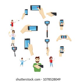 Cartoon selfie icons set. Universal selfie icons to use for web and mobile UI, set of basic selfie elements isolated vector illustration