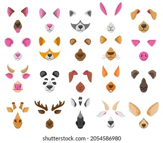 Cartoon selfie or video chat animal faces masks. Cute animals video chat effects, dog, fox, panda nose and ears vector illustration. Animal avatars selfie app. Effect zebra and giraffe, cow and cat