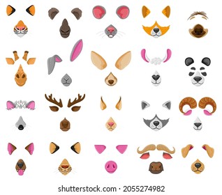 Cartoon selfie or video chat animal faces masks. Raccoon, dog, zebra and goat funny ears and noses vector illustration set. Video chat animal faces. Animal muzzle application effect