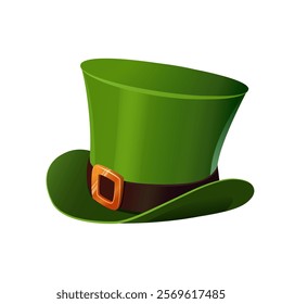 A cartoon semi realistic vector illustration of a green leprechaun hat, perfect for St. Patrick's Day celebrations. The hat features a stylish curved brim, a black band with a shiny golden buckle, and