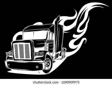 Cartoon semi truck in black background vector illustration