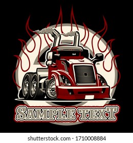 Cartoon semi truck isolated on black background. Available EPS-8 vector format separated by groups and layers for easy edit. Template for poster, banner, print for t-shirt, label, card.