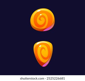 Cartoon semicolon glyph, candy and confectionery alphabet, sweet typeface, lollypop font, dessert type. Isolated vector punctuation typography symbol as glossy toffee with orange swirls. kids abc sign