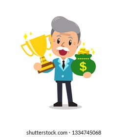 Cartoon senior businessman holding trophy and money bag for design.