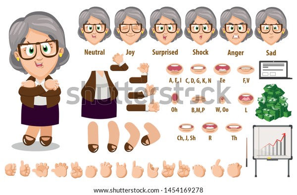 Cartoon senior businesswoman constructor for animation. Parts of body