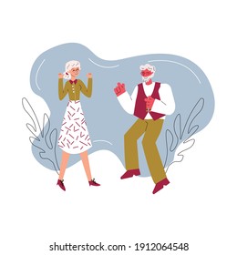 Cartoon senior couple dancing together - happy old man and woman in fashion clothes doing retro dance moves and smiling. Flat isolated vector illustration.