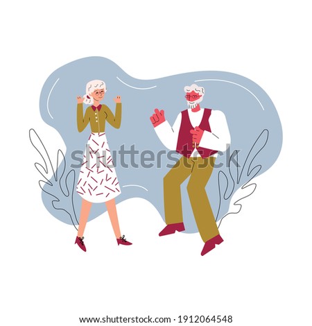 Cartoon senior couple dancing together - happy old man and woman in fashion clothes doing retro dance moves and smiling. Flat isolated vector illustration.