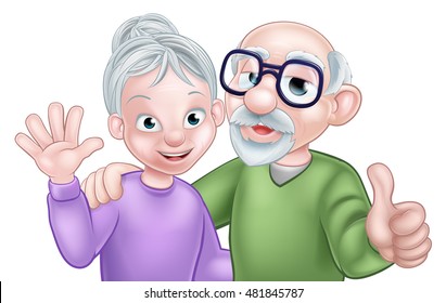 Cartoon senior elderly grandparents couple with wife or woman waving and husband or man giving a thumbs up