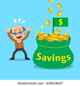 Cartoon senior man with big saving money bag
