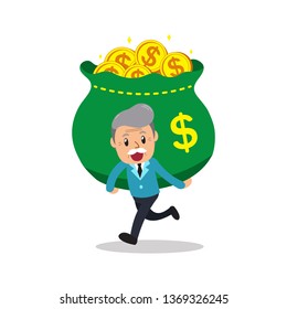 Cartoon senior man carrying big money bag for design.