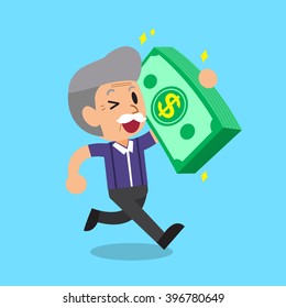 Cartoon senior man carrying big money stack
