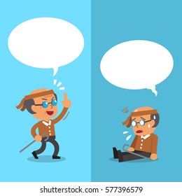 Cartoon senior man expressing different emotions with white speech bubbles