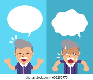 Cartoon a senior man expressing different emotions with speech bubbles