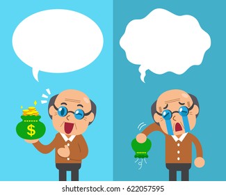 Cartoon senior man expressing different emotions with speech bubbles