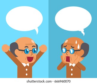 Cartoon a senior man expressing different emotions with speech bubbles