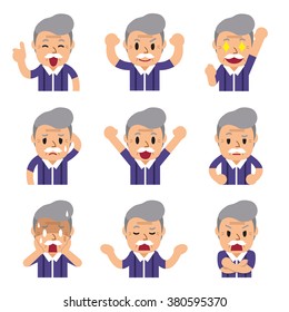 Cartoon a senior man faces showing different emotions