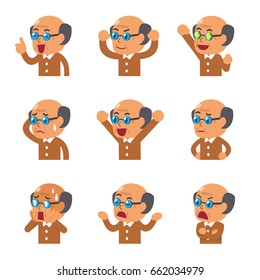 Cartoon senior man faces showing different emotions