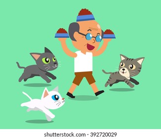 Cartoon senior man feeding cats