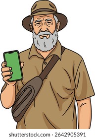 Cartoon of a Senior Man Holding a Phone with Green Screen for Advertisement