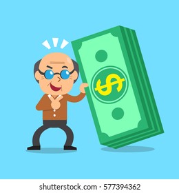 Cartoon senior man with money stack