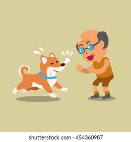 Cartoon a senior man playing with his shiba inu dog