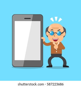 Cartoon senior man and smartphone