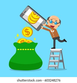 Cartoon a senior man using smartphone to earn money