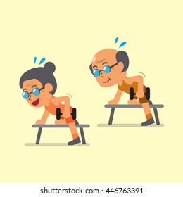 Cartoon senior man and woman doing dumbbell row exercise