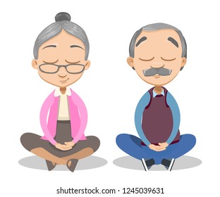 Cartoon senior man and woman meditating together vector illustration. Pensioner sitting in Pose Lotus and relaxing doing exercises flat style design. Yoga for elderly concept