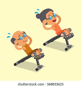 Cartoon senior man and senior woman using sit up bench