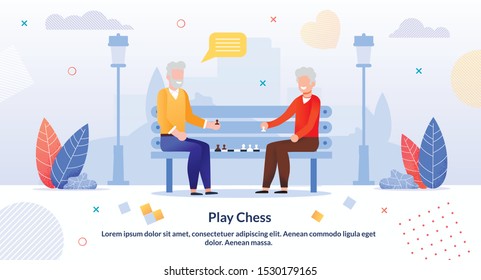 Cartoon Senior Men Friends Characters Playing Chess in Park Outdoors. Aged Smart Players. Strategy Game. Elderly People and Activities, Communion Hobby. Inspiration Flat Poster. Vector Illustration