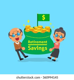 Cartoon senior people carrying retirement savings bag