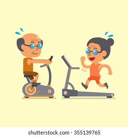 Cartoon senior people doing exercise with exercise bike and treadmill