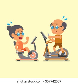 Cartoon senior people doing exercise with exercise bike and elliptical machines