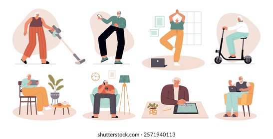 Cartoon senior people with modern gadgets. Old progressive persons use different digital device, grandparents learn technologies, vector set