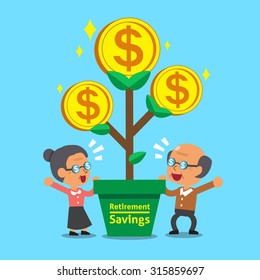 Cartoon senior people with retirement savings money tree