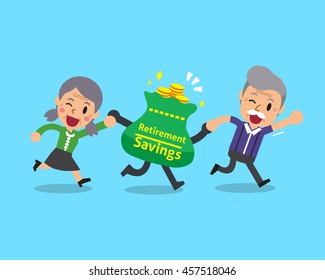 Cartoon Senior People With Retirement Savings Bag