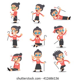 Cartoon senior woman character poses