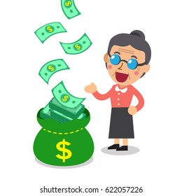Cartoon senior woman earning money