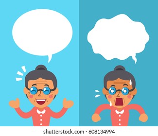 Cartoon a senior woman expressing different emotions with white speech bubbles