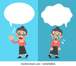Cartoon senior woman expressing different emotions with white speech bubbles