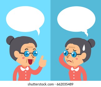 Cartoon senior woman expressing different emotions with speech bubbles