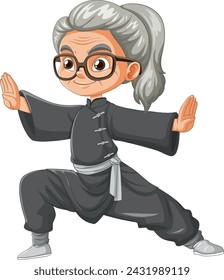 Cartoon of a senior woman performing martial arts pose.