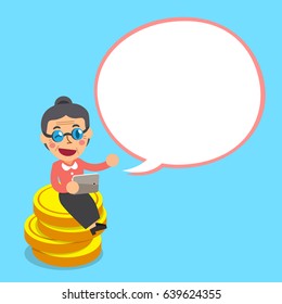 Cartoon senior woman sitting on money coins with white speech bubble