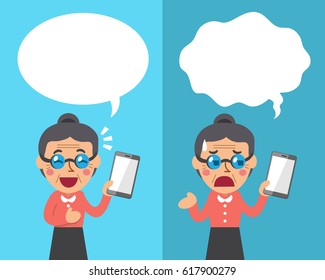 Cartoon senior woman with smartphone expressing different emotions with speech bubbles