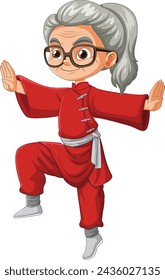 Cartoon of a senior woman in a tai chi pose