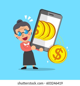 Cartoon senior woman using smartphone to earn money