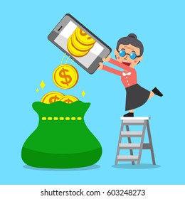 Cartoon a senior woman using smartphone to earn money